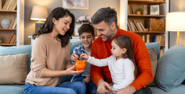 parents sitting with kids putting money into piggybank